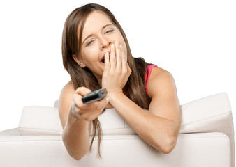 Woman Yawning while Using a Remote Control