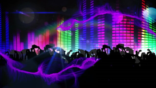 Animation of purple digital waves over silhouettes of people dancing and colorful music equalizer