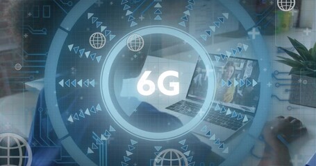 Animation of 6g text banner against african american woman having a videocall on laptop at office - Powered by Adobe