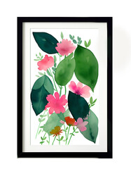 Framed watercolor painting of abstract flowers on white canvas. Generative AI.