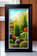 Framed painting of surreal extraterrastrial plants. Fantastic alien flowers, interior decoration, colorful illustration. Generative AI.