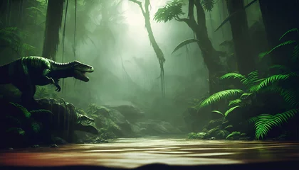 Zelfklevend Fotobehang Jurassic period landscape with roaring predator dinosaur in a wet tropical rainforest. Copy space. Generative AI. © Mykola