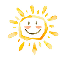 Hand drawn watercolor illustration of smiling sun.