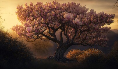  a painting of a tree in a field with a sunset in the background.  generative ai