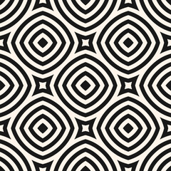 Geometric line seamless pattern. Simple vector abstract texture with curved shapes, circles, squares, stripes, repeat tiles. Black and white minimal geometric ornament. Stylish monochrome background