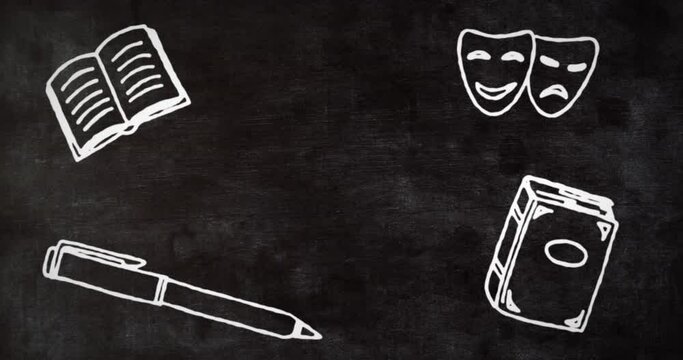 Animation of white school icons on blackboard background