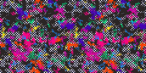 Abstract grunge seamless pattern. Urban art texture with paint splashes, chaotic spots, stains, checkered grid. Dirty graffiti vector background. Trendy modern repeat design in bright neon colors