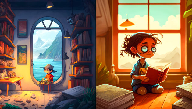 Two pictures of boy sitting in book and looking out the window. Generative AI.