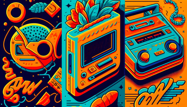 Digital art selected for the. Graphic effects with bright colors, retro style, inspired by the 90's. Generative AI.