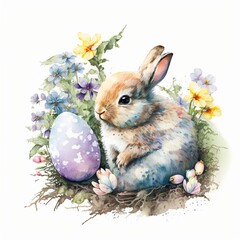 Watercolor Easter Bunny Baby with Eggs