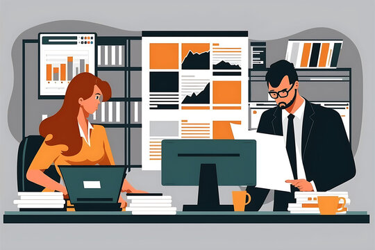 Flat vector illustration Two serious busy people working with business data using office computer together. Experienced male accountant helping female colleague, pointing out spreadsheet file error, g
