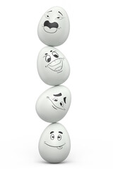 Balance of stack farm egg with expressions and funny face on white background