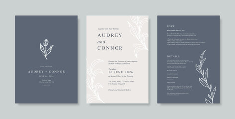 Beautiful navy and white wedding invitation template with beautiful eucalyptus. Simple and minimalist wedding card template. trendy modern wedding invitation template.