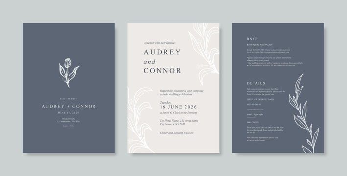 Beautiful navy and white wedding invitation template with beautiful eucalyptus. Simple and minimalist wedding card template. trendy modern wedding invitation template.