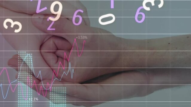 Animation of changing numbers, multiple graphs over cropped image of caucasian couple holding hands