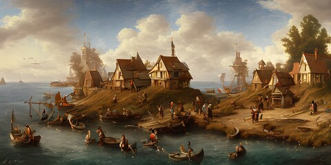 Fishing village by the sea in the style of old baroque painting ai Generated, generative AI, CGI graphics, illustration