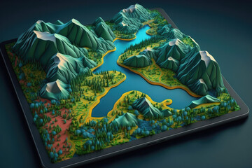 3d illustration of terrain map with lake and mountains on a tablet device. Digital tropography concept. AI generated image.