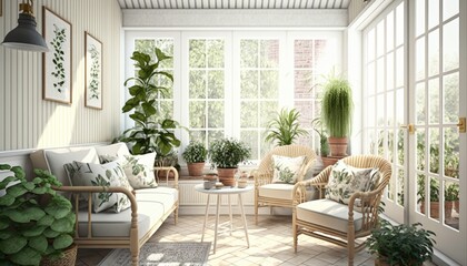 Fototapeta na wymiar A bright and airy sunroom with comfortable wicker furniture and plenty of indoor plants. Large windows allow natural light to flood the space, creating a warm and inviting atmosphere. generative ai
