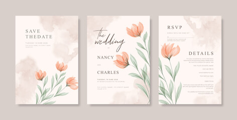 Fototapeta na wymiar Minimalist Wedding invitation with beautiful flower watercolor. Simple and minimalist wedding card template. trendy modern wedding invitation template.