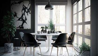 A chic and stylish dining room with a marble table and black chairs. Natural light floods the space, highlighting the minimalist decor. Warm lighting adds a cozy touch to the room. generative ai