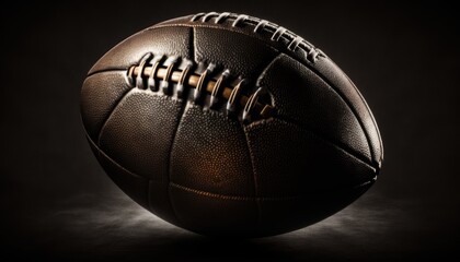 Obraz premium A classic, leather football, resting on a black background. The lighting is dramatic, with deep shadows and sharp highlights. The mood is intense and competitive. generative ai