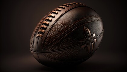 A classic, leather football, resting on a black background. The lighting is dramatic, with deep shadows and sharp highlights. The mood is intense and competitive. generative ai