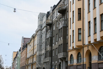Fototapeta na wymiar Helsinki buildings, cityscape, blue sky street, architecture 