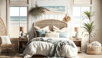 A coastal-style bedroom with a rattan headboard and beachy decor set up on a sandy beach with palm trees. HD, realistic, natural lighting. generative ai