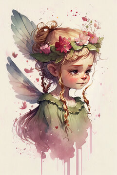 Watercolor illustration of a beautiful little fairy. Generative AI