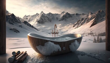 A luxurious bathtub set up on a snowy mountain top, with the stunning snowy landscape in the background. HD, realistic, natural lighting. generative ai