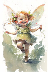 Watercolor illustration of a happy little fairy. Generative AI