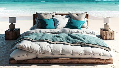 A luxurious king-sized bed with plush pillows and bedding placed on the sandy beach, with the crystal clear blue waters of the ocean in the background. HD, realistic, natural lighting. generative ai