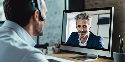 Fototapeta premium Businessman having video chat with colleague at table in office, closeup. Video conference or virtual event. digital ai art