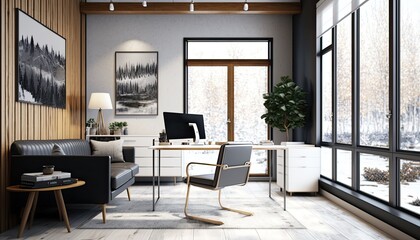 A modern and stylish office space with sleek white furniture and natural wood accents. Large windows provide plenty of natural light, and warm lighting adds a cozy feel to the room. generative ai