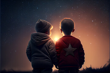 Fototapeta na wymiar Two brothers making a wish looking at star. Boy and girl make a wish by seeing a falling star. High quality illustration