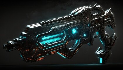 A sleek and futuristic sci-fi rifle with neon blue accents on a black background, illuminated by a single overhead light source casting a dramatic shadow. generative ai