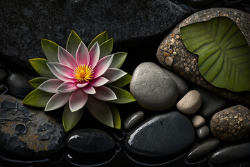 Lotus Flower With Spa Stones In Rock Garden, generative ai