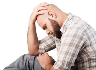 Sad handsome young man sitting holding your hand over on the head