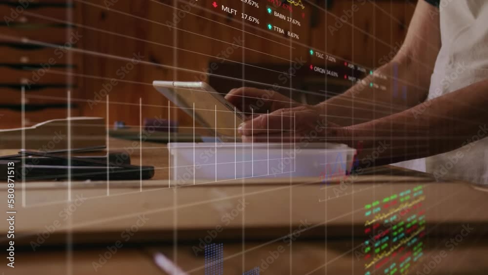 Poster animation of caucasian man checking using tablet and financial data processing
