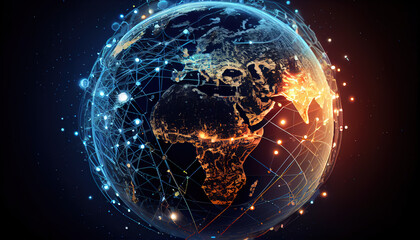 Communication technology for internet business. Global world network and telecommunication on earth cryptocurrency and block chain and IoT. Showing off how the whole world is connected. Security netwo