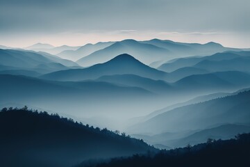 Fototapeta na wymiar A mountain landscape at dusk, undulating with many hills on the horizon, fog and bluish atmosphere. Ai generated.