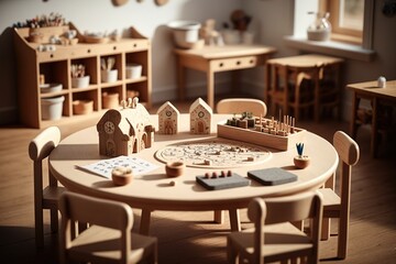 A beautiful and bright children's room with montessori wooden educational materials. Ai generated.