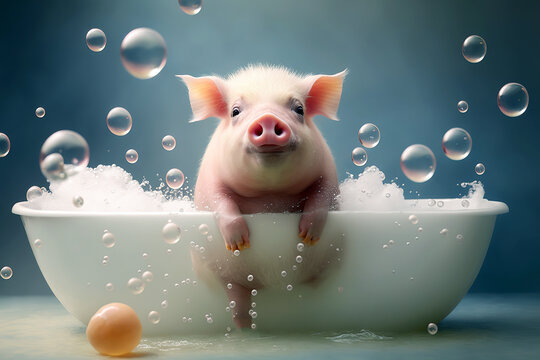 A cute little pig takes a bubble bath to keep himself clean and hygienic. Ai generated