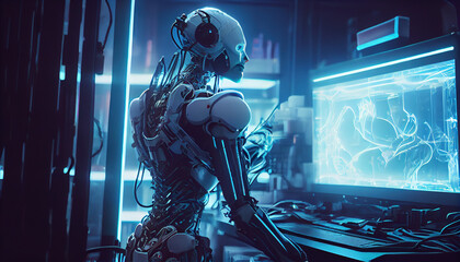 Cyborg in the biological laboratory of the Future scientific concept art. Artificial intelligence and work - Generative AI 