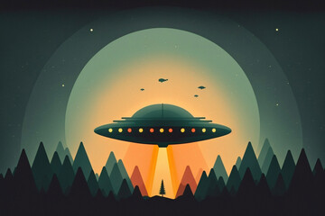 Minimal UFO Spaceship Flying Saucer Alien Beaming to Earth Landscape Smoke Clouds Space Generative AI