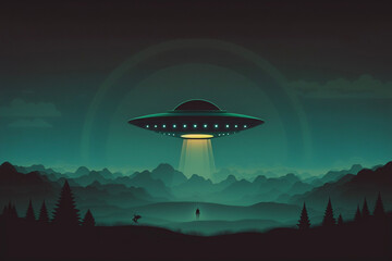 Naklejka na ściany i meble Minimal UFO Spaceship Flying Saucer Alien Beaming to Earth Landscape Smoke Clouds Space Generative AI
