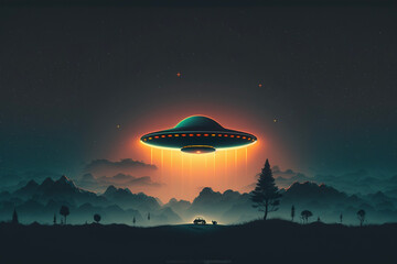 Fototapeta na wymiar Minimal UFO Spaceship Flying Saucer Alien Beaming to Earth Landscape Smoke Clouds Space Generative AI