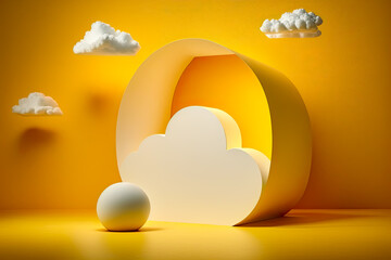 Yellow background with white clouds, studio shot. -  Aesthetic design, graphic artwork, banner, marketing, branding, cloud.