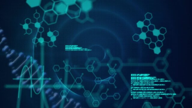 Animation of computer language with dna helix and molecules structures against circles in background