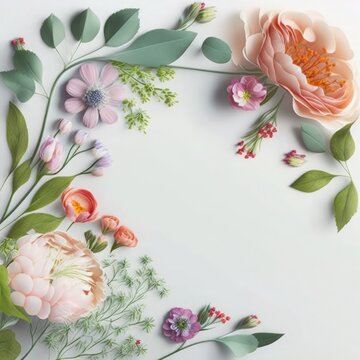 colorful flowers and plants on white background, Beautiful flowers on white background, Mother's day greeting design with beautiful Spring flowers, banner for 8 march 